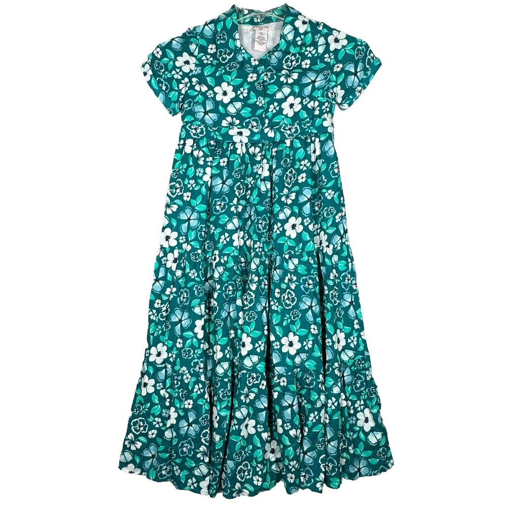 Sincerely Jules Dress Girls 12 Green White Floral Tropical Midi Dress Hawaiian‎